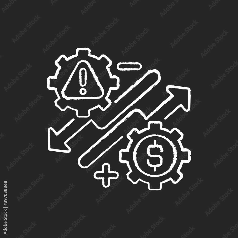 Business risks chalk white icon on black background. Entrepreneurship benefits and dangers, stock market trading. Company insurance, bankruptcy protection. Isolated vector chalkboard illustration Business risks chalk white icon on black background. Entrepreneurship benefits and dangers, stock market trading. Company insurance, bankruptcy protection. Isolated vector chalkboard illustration