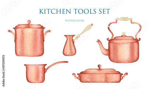 Copper cooking utensils watercolor set isolated elements