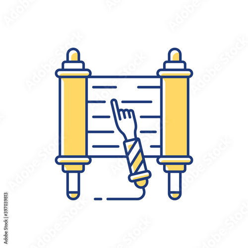 Torah scroll RGB color icon. Hebrew Bible. Esther Scroll. Yemenite. Purim celebration. Shavuot night. Jews with God relationship records. All-night Torah study. Isolated vector illustration