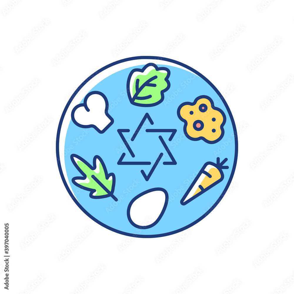 Passover Seder plate RGB color icon. Food platter. Symbolic foods. Six