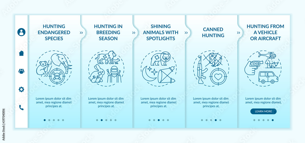 Negative effects of hunting onboarding vector template. Poaching, illegal trapping of wildlife. Animal abuse. Responsive mobile website with icons. Webpage walkthrough step screens. RGB color concept