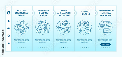 Negative effects of hunting onboarding vector template. Poaching, illegal trapping of wildlife. Animal abuse. Responsive mobile website with icons. Webpage walkthrough step screens. RGB color concept