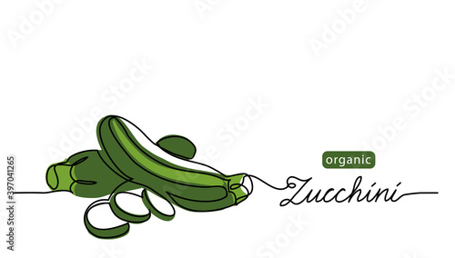Zucchini, green marrow, courgette or squash vector illustration. One line drawing art illustration with lettering organic zucchini.