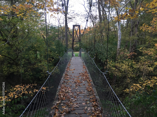 Fototapeta Naklejka Na Ścianę i Meble -  A foot bridge is covered with fallen leaves.