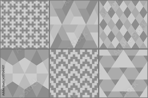 Collection of six ethnic seamless patterns. Rhombuses, diamonds, lozenges, triangles, hexagons, crosses motif. Folk prints. Geometrical ornaments set. Tribal wallpapers. Abstracts images. Vector arts