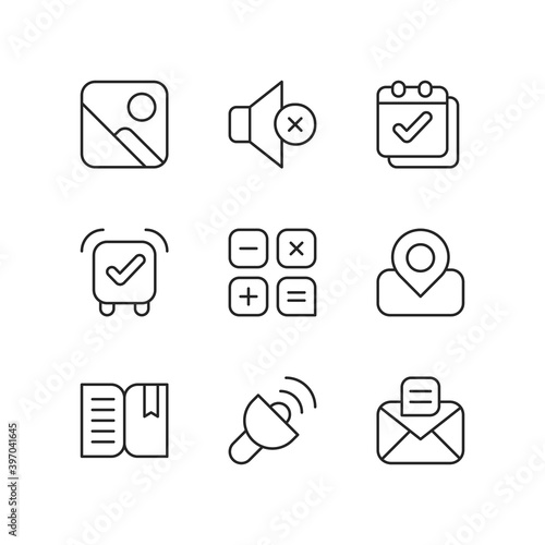 Smartphone interface pixel perfect linear icons set. Photo gallery. Silent mode. Calendar. Alarm clock. Customizable thin line contour symbols. Isolated vector outline illustrations. Editable stroke