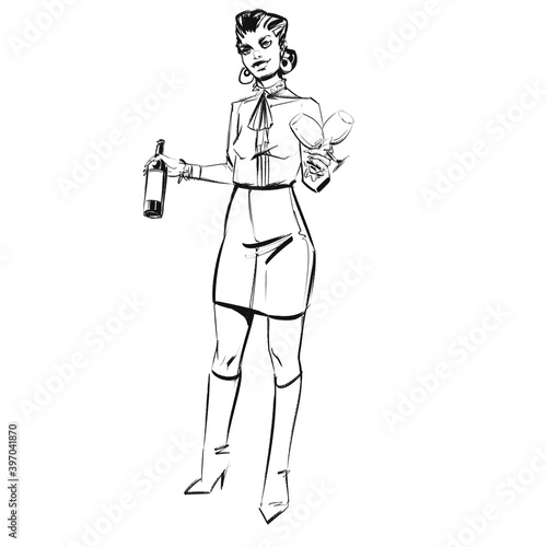 Young Woman fetching a bottle of wine and two glasses, girlfriend or spouse, date night at home photo