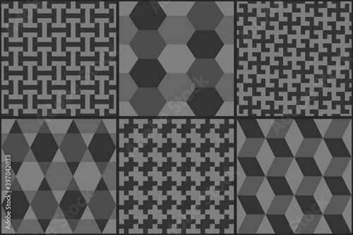 Collection of six ethnic seamless patterns. Rhombuses, diamonds, lozenges, triangles, hexagons, crosses, kites images. Folk prints. Tribal wallpapers. Geometrical ornaments set. Abstracts. Vectors