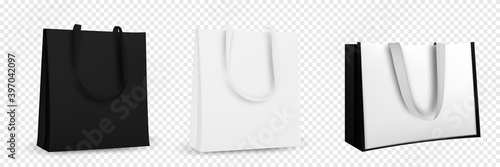 Shopping bag design. Black and white tote shopping bags identity mock-up item template transparent background.