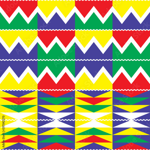 Tribal Kente geometric seamless pattern, African nwentoma cloth style vector design perfect for fabrics and textiles