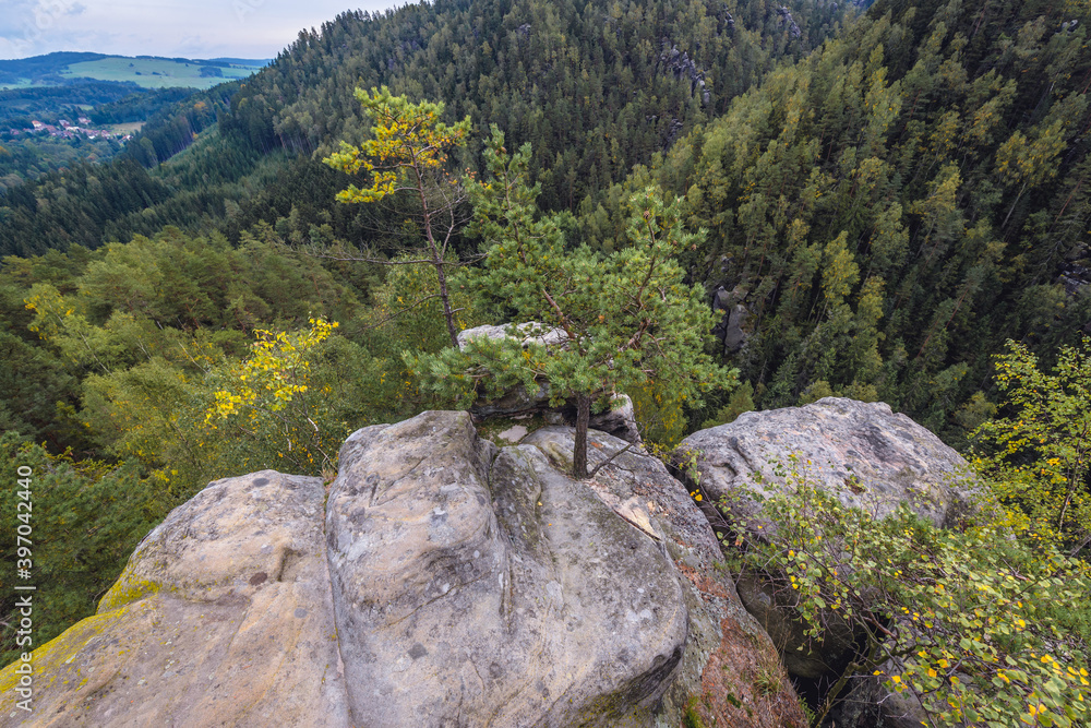 Teplice Rocks, part of Adrspach-Teplice landscape park in Czech Republic, view from high rock with Strmen Castle ruins