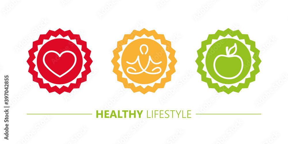 healthy lifestyle icons heart yoga and apple vector illustration EPS10 healthy lifestyle icons heart yoga and apple vector illustration EPS10