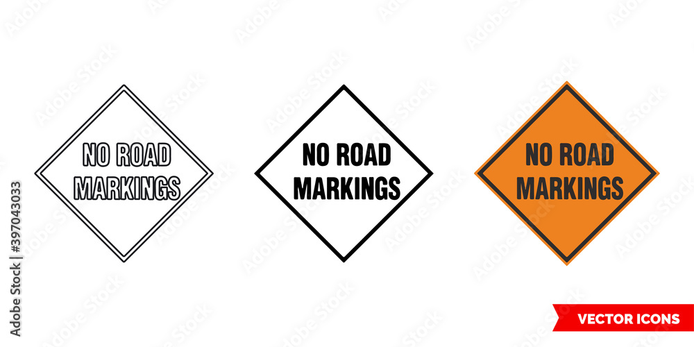 No road markings roadworks sign icon of 3 types color, black and white, outline. Isolated vector sign symbol.