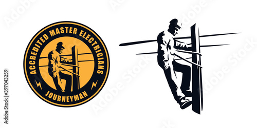 Electrician worker checks the wires. illustration and badge for a small business.