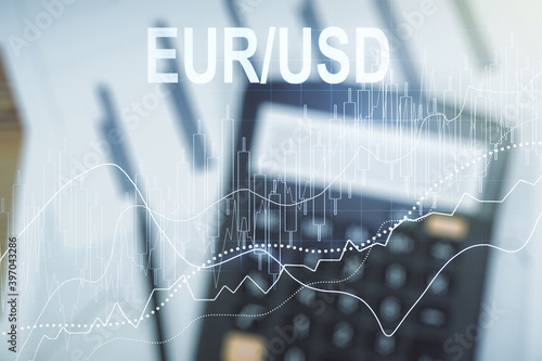 Abstract virtual EURO USD financial chart illustration on calculator background. Trading and currency concept. Multiexposure