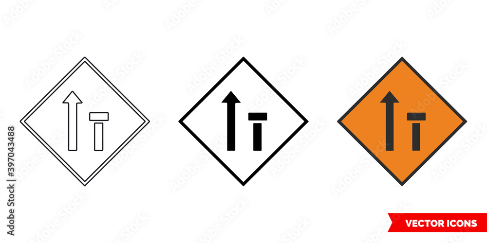 Offside lane of two closed roadworks sign icon of 3 types color, black and white, outline. Isolated vector sign symbol. Offside lane of two closed roadworks sign icon of 3 types color, black and white, outline. Isolated vector sign symbol.