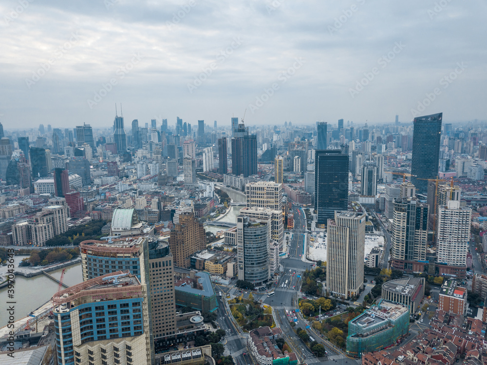 Fototapeta premium Aerial view of the modern skyscrapers in Shanghai, China.