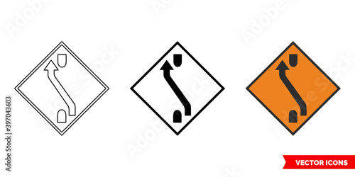 One lane crossover Back roadworks sign icon of 3 types color, black and white, outline. Isolated vector sign symbol.