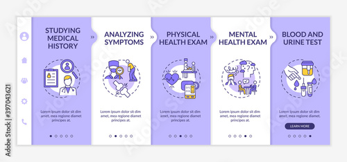 Myalgic encephalomyelitis diagnostics onboarding vector template. Medical history. Mental health exam. Responsive mobile website with icons. Webpage walkthrough step screens. RGB color concept