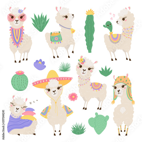 Collection of cute lamas and cacti in pastel colors. Funny baby animals. Set of Alpaca for your child's room design. Vector illustration