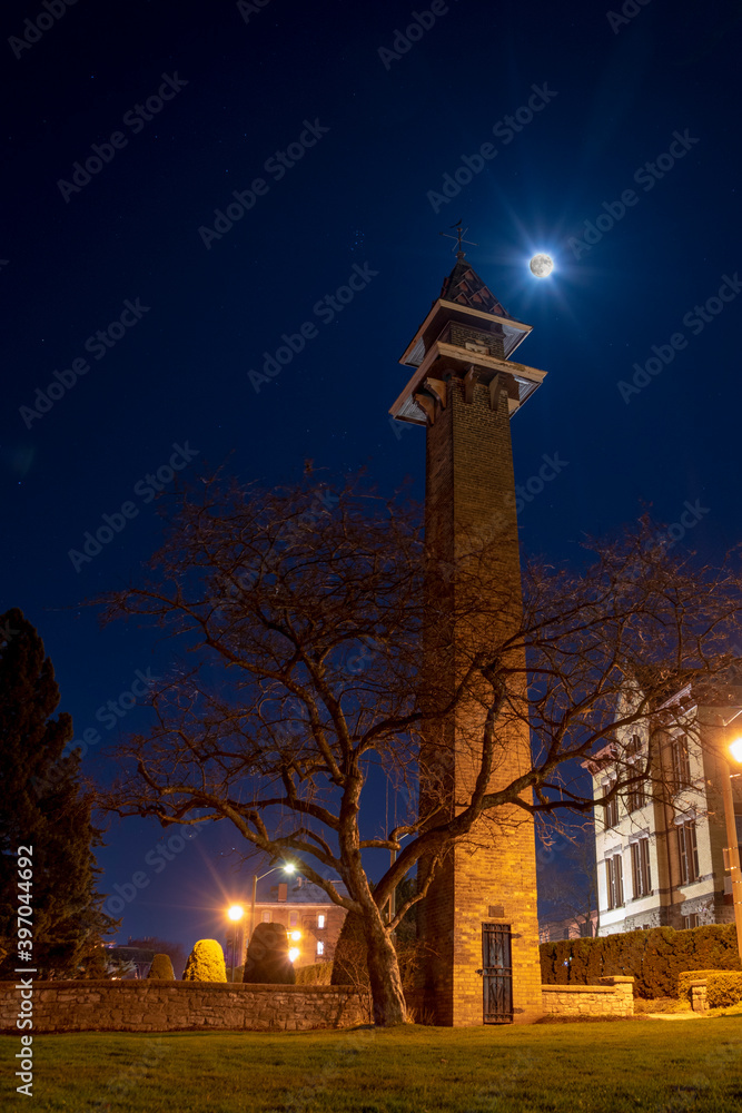 A barren late autumn tree sits in front of the tower in Stratford, Ontario's Shakespeare Gardens on a brisk moonlit night.