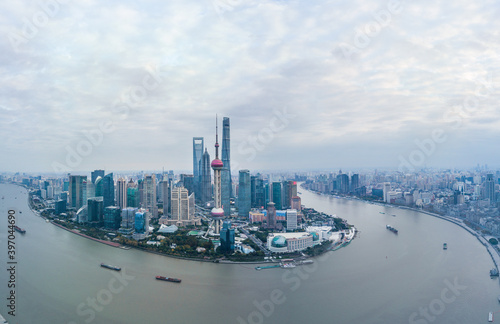 Panorama view of Lujiazui, the financial district in Shanghai, China, aerial shot.