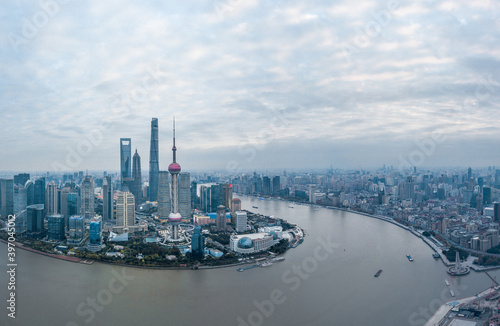 Panorama view of Lujiazui, the financial district in Shanghai, China, aerial shot.