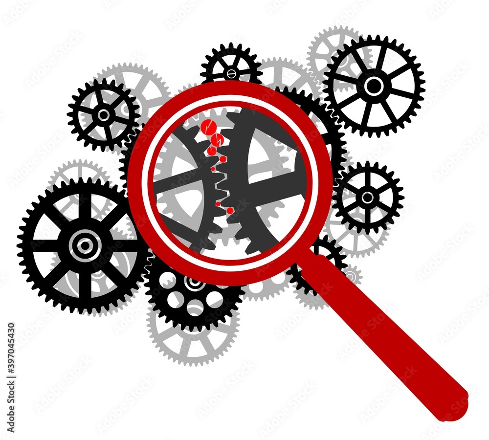 Obraz premium Gears Under Magnifying Glass. Defective Cogwheel Gear Mechanism. Vector illustration. 