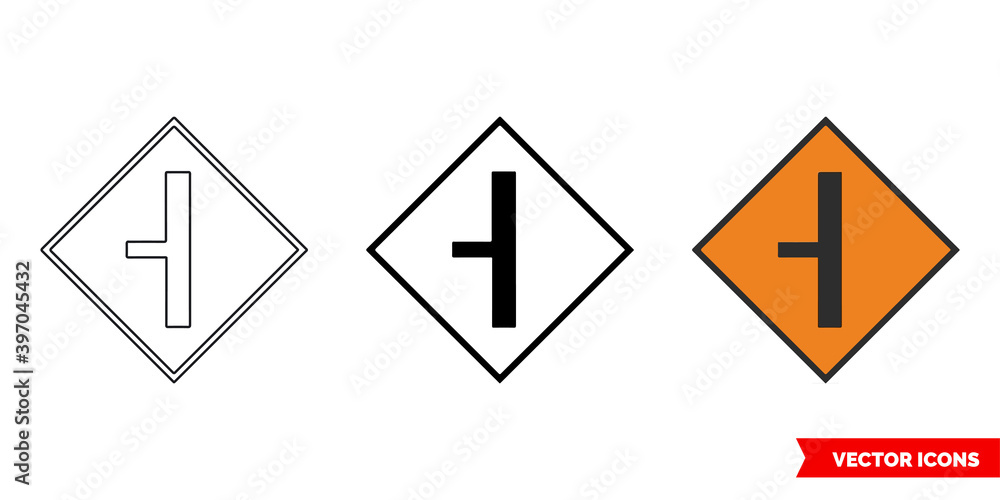 Side road on left roadworks sign icon of 3 types color, black and white, outline. Isolated vector sign symbol. Side road on left roadworks sign icon of 3 types color, black and white, outline. Isolated vector sign symbol.