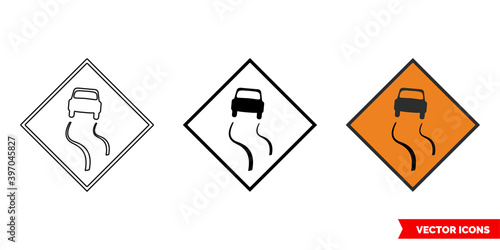 Slippery road roadworks sign icon of 3 types color, black and white, outline. Isolated vector sign symbol.