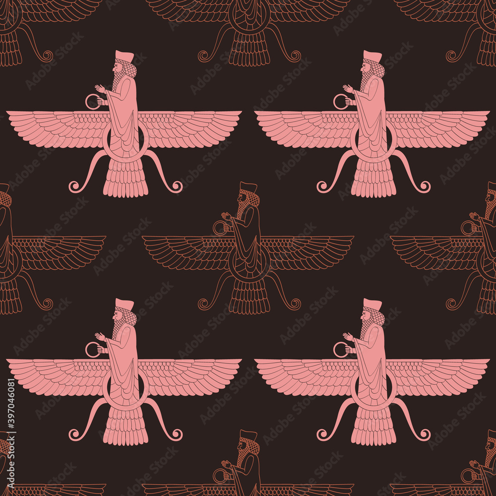 Sumerian Comb Pattern Seamless vector pattern with ancient sumerian symbol Faravahar for your ...