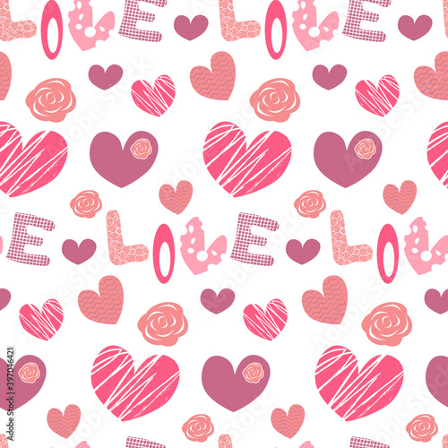 Pattern - Love, with pink hearts and letters. Vector illustration isolated on white background. For packaging goods, fabrics, decor.