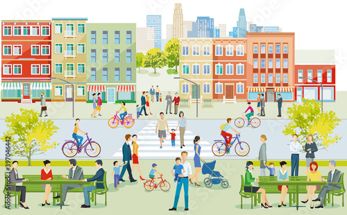 Stadtsilhouette mit Menschen auf dem Bürgersteig Illustration
