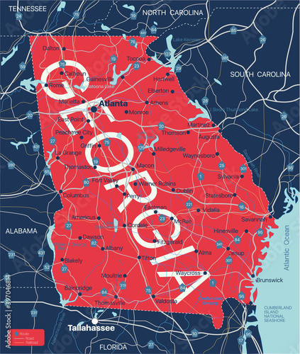 Georgia state detailed editable map with with cities and towns, geographic sites, roads, railways, interstates and U.S. highways. Vector EPS-10 file, trending color scheme