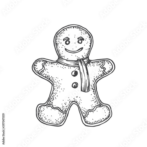 Hand Drawn Christmas Ginger Cookie Man Vector Illustration. Abstract Sketch. Winter Holiday Engraving Style Drawing. Isolated