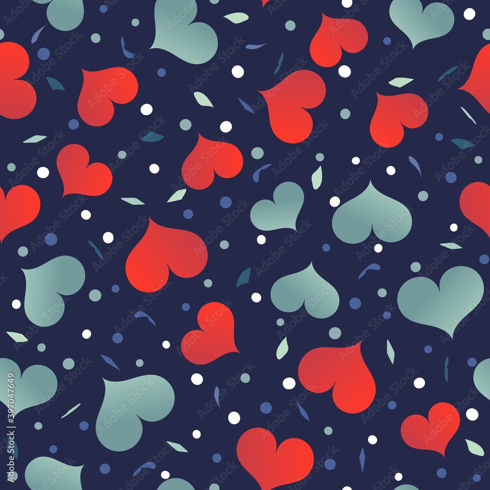 seamless pattern with red blue hearts on a dark background