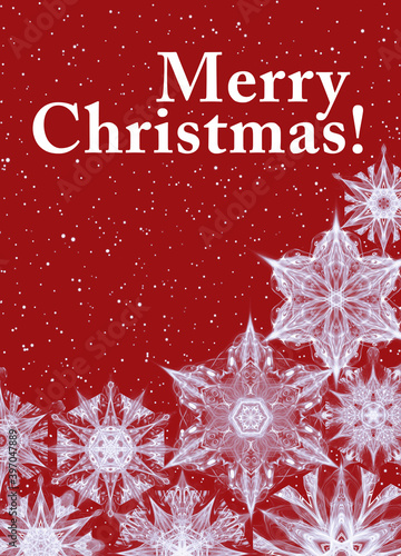 Christmas card with white snowflakes and a red background. 