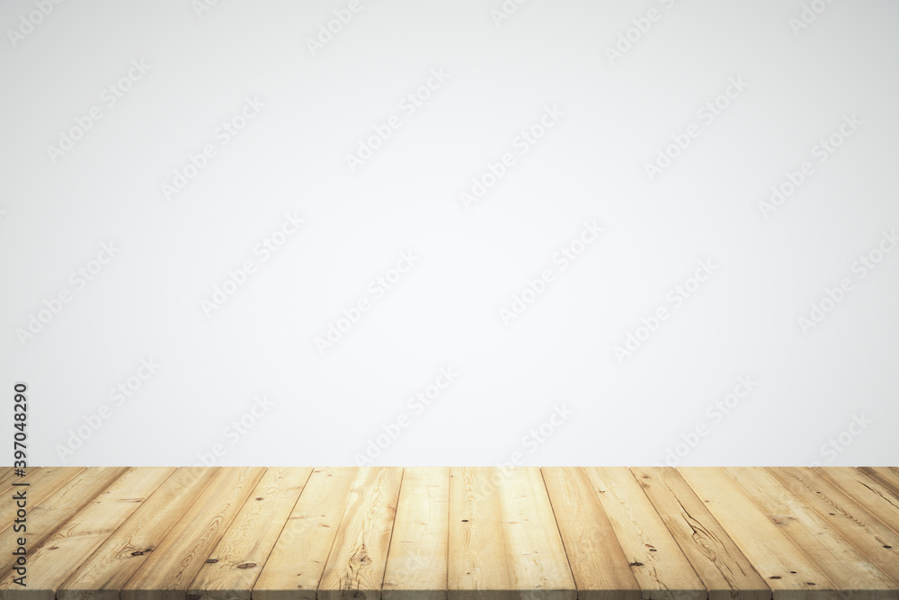 Empty room with wooden floor planks and white gradient background, mockup