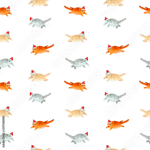 Watercolor seamless pattern cute funny christmas cats with hats