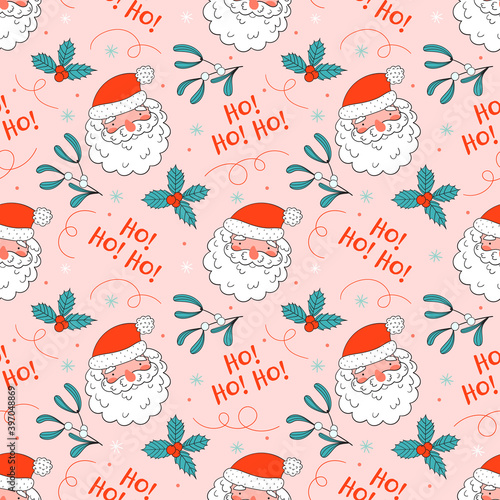 Christmas seamless pattern with cute santa in doodle style.