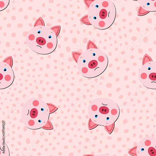 Vector flat animals colorful illustration for kids. Seamless pattern with cute pig face on pink polka dots background. Adorable cartoon character. Design for textures, card, poster, fabric, textile.