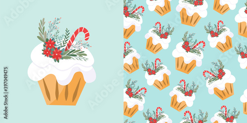 Sweet cake with candy and Christmas tree elements. Set of vector seamless patterns and isolated flat illustration. Perfect set for design.