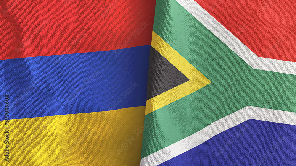 Fototapeta premium South Africa and Armenia two flags textile cloth 3D rendering