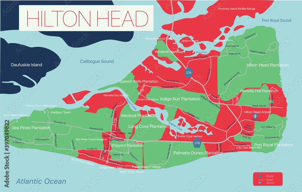 Hilton Head detailed editable map with with, geographic sites, roads and streets. Vector EPS-10 file, trending color scheme