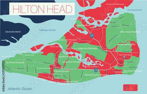 Hilton Head detailed editable map with with  geographic sites  roads and streets. Vector EPS-10 file  trending color scheme