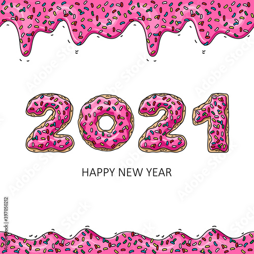 Sweet New Year 2021 from donuts. Donut's pink glaze. photo