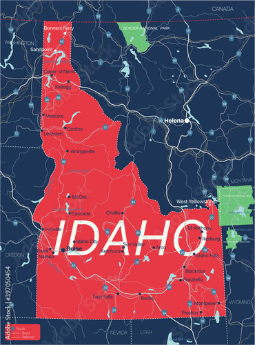 Idaho state detailed editable map with with cities and towns, geographic sites, roads, railways, interstates and U.S. highways. Vector EPS-10 file, trending color scheme