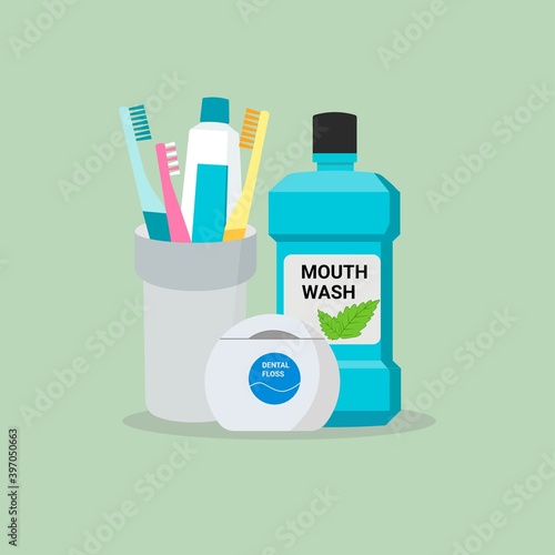Dental cleaning tools.Toothbrush, toothpaste, mouthwash,dental floss.Oral care and hygiene products. Vector illustration.