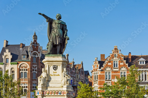 Statue of Jacob van Artevelde in the middle of the Vrijdagmarkt in Ghent, Belgium