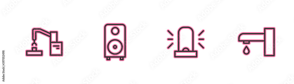 Set line Robotic robot arm hand factory, Flasher siren, Stereo speaker and Water tap icon. Vector. Set line Robotic robot arm hand factory, Flasher siren, Stereo speaker and Water tap icon. Vector.